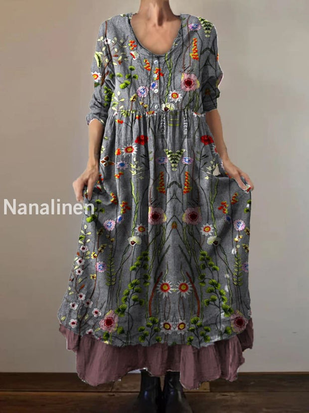 Vintage Round Neck Bohemian Floral Print Elegant Chic Loose Midi Dress A / S