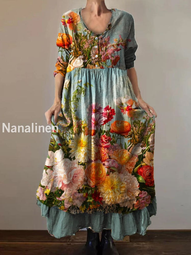 Vintage Round Neck Bohemian Floral Print Elegant Chic Loose Midi Dress A / S
