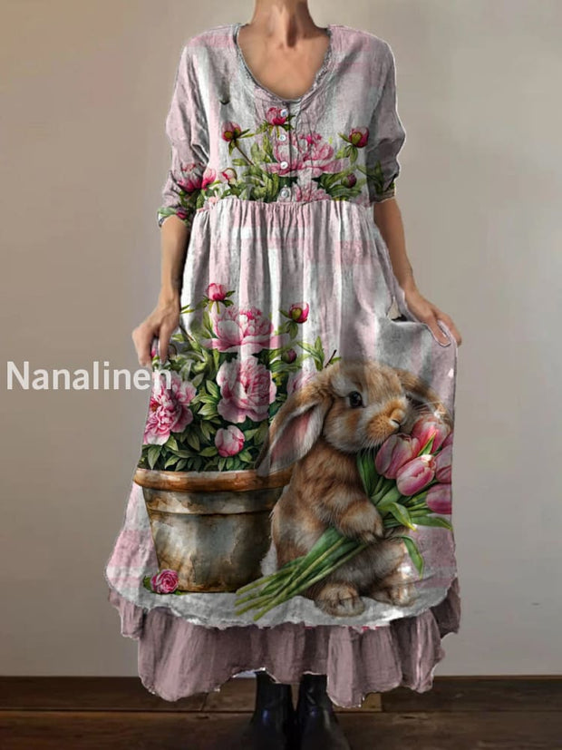 Vintage Round Neck Bohemian Floral Print Elegant Chic Loose Midi Dress A / S