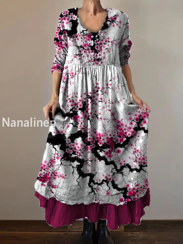 Vintage Round Neck Bohemian Floral Print Elegant Chic Loose Midi Dress A / S