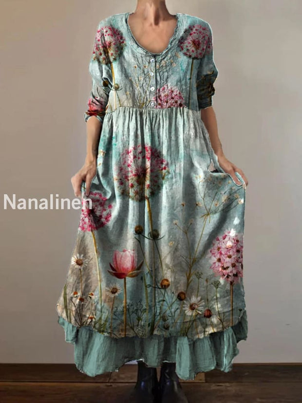 Vintage Round Neck Bohemian Floral Print Elegant Chic Loose Midi Dress A / S