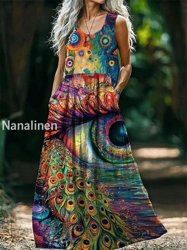 Vintage Round Neck Bohemian Hippie Mushroom Floral Print Elegant Chic Sleeveless Loose Midi Dress A / S