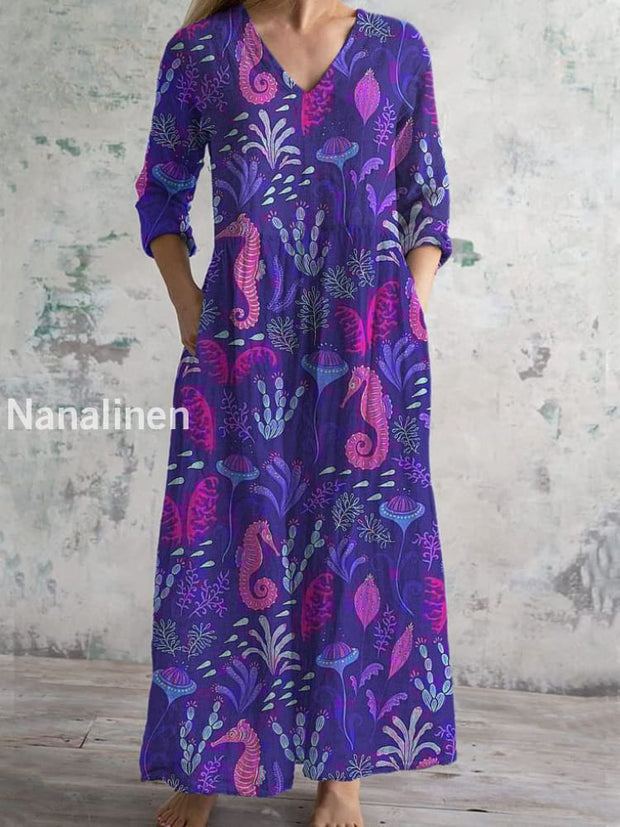 Vintage Seahorse Art Print Chic V Neck Three Quarter Sleeve Elegant Midi Dress Purple / S