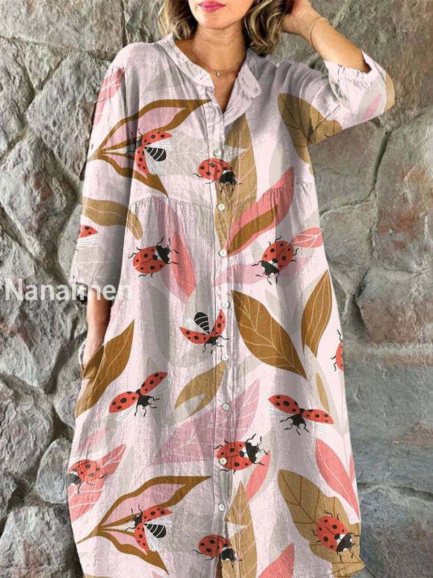 Vintage Seven-Spotted Ladybug Art Print Chic V-Neck Three-Quarter Sleeve Button Up Elegant Midi Dress Light Pink / S