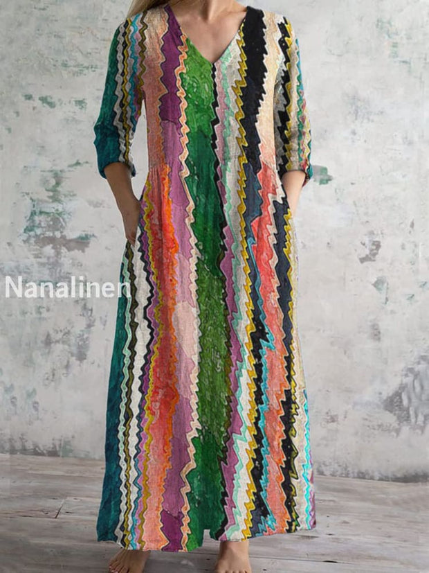 Vintage Stripe Art Print Chic V Neck Three Quarter Sleeve Elegant Midi Dress Colorful / S