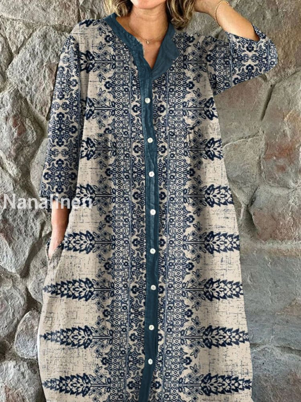 Vintage Textured Pattern Art Print Shirt Midi Dress As picture / S