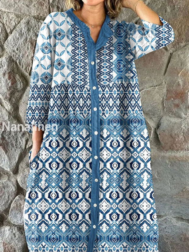 Vintage Textured Pattern Art Print Shirt Midi Dress As picture / S