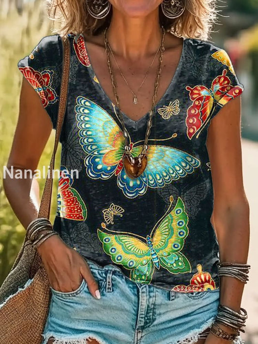Vintage V Neck Art Butterfly Floral Print Short Sleeve Bohemian Casual Top A / S