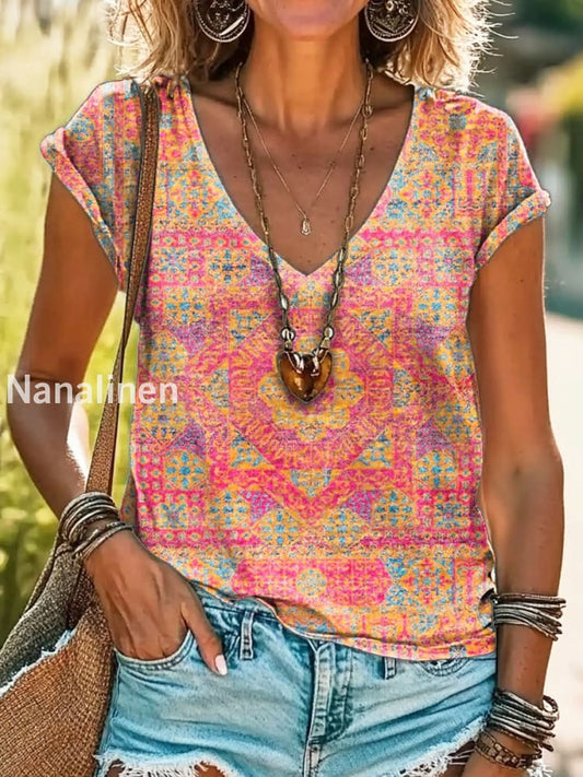 Vintage V Neck Art Floral Print Short Sleeve Bohemian Casual Top A / S