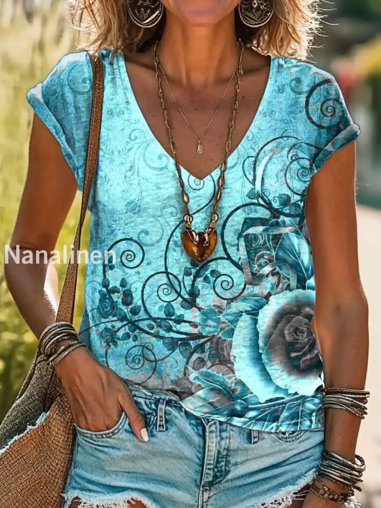 Vintage V Neck Art Floral Print Short Sleeve Bohemian Casual Top A / S