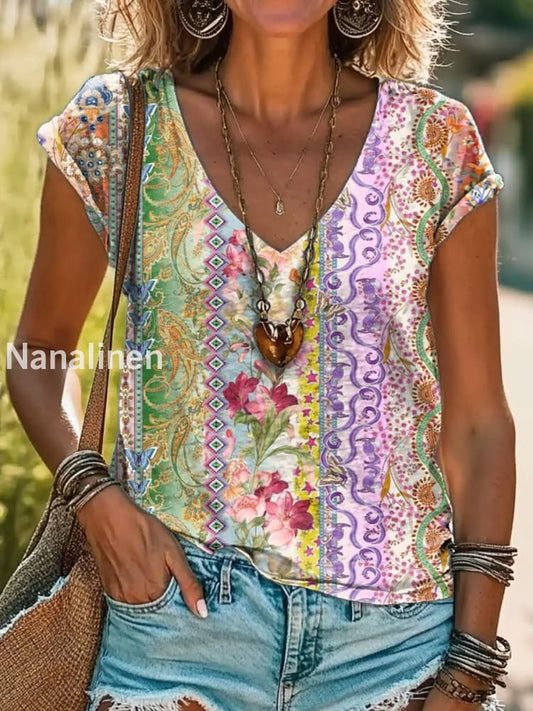 Vintage V Neck Art Floral Print Short Sleeve Bohemian Casual Top A / S