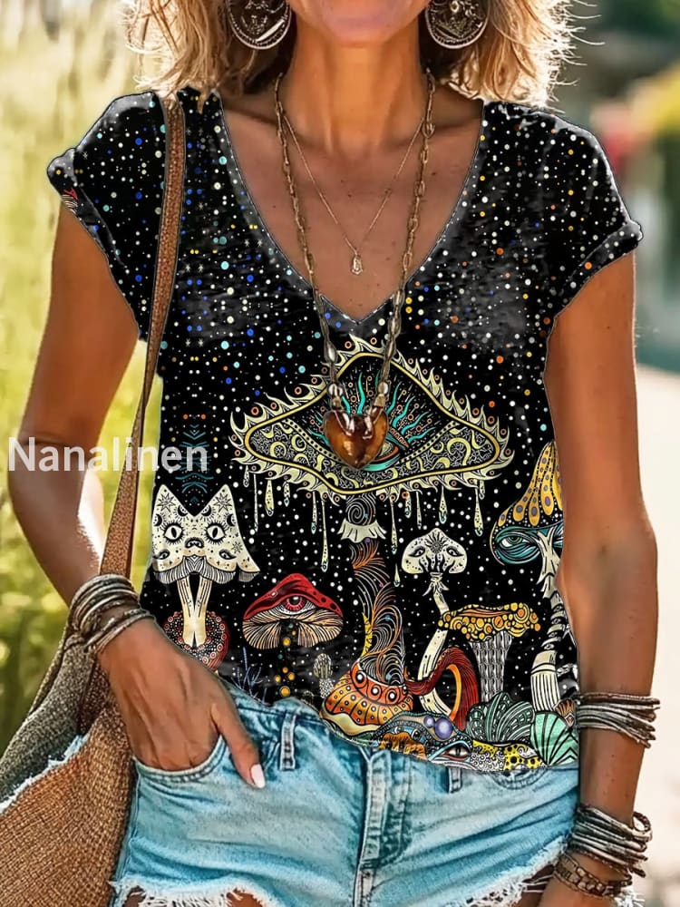 Vintage V Neck Art Floral Print Short Sleeve Bohemian Casual Top A / S