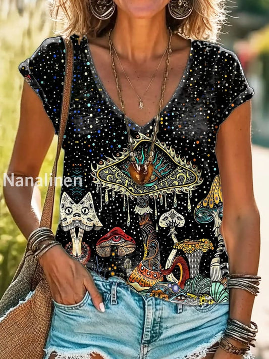Vintage V Neck Art Floral Print Short Sleeve Bohemian Casual Top A / S