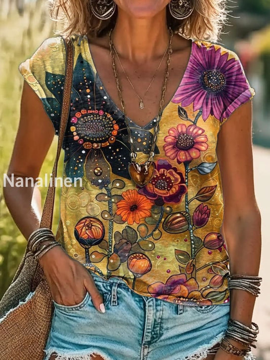 Vintage V Neck Art Floral Print Short Sleeve Bohemian Casual Top A / S