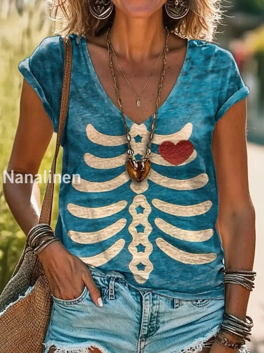 Vintage V Neck Art Floral Print Short Sleeve Bohemian Casual Top A / S