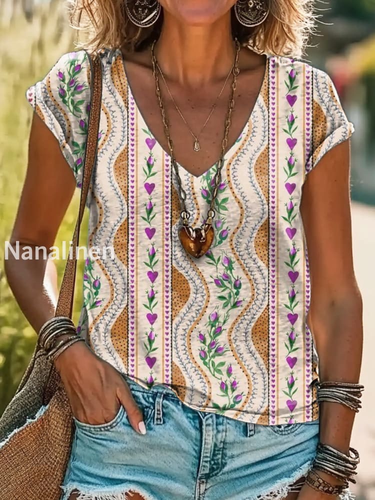 Vintage V Neck Art Floral Print Short Sleeve Bohemian Casual Top A / S