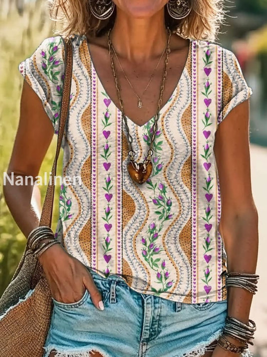Vintage V Neck Art Floral Print Short Sleeve Bohemian Casual Top A / S