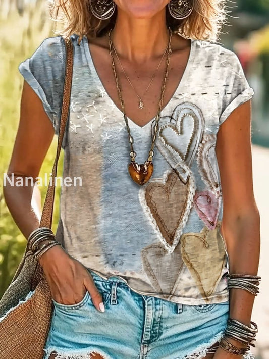 Vintage V Neck Art Floral Print Short Sleeve Bohemian Casual Top A / S