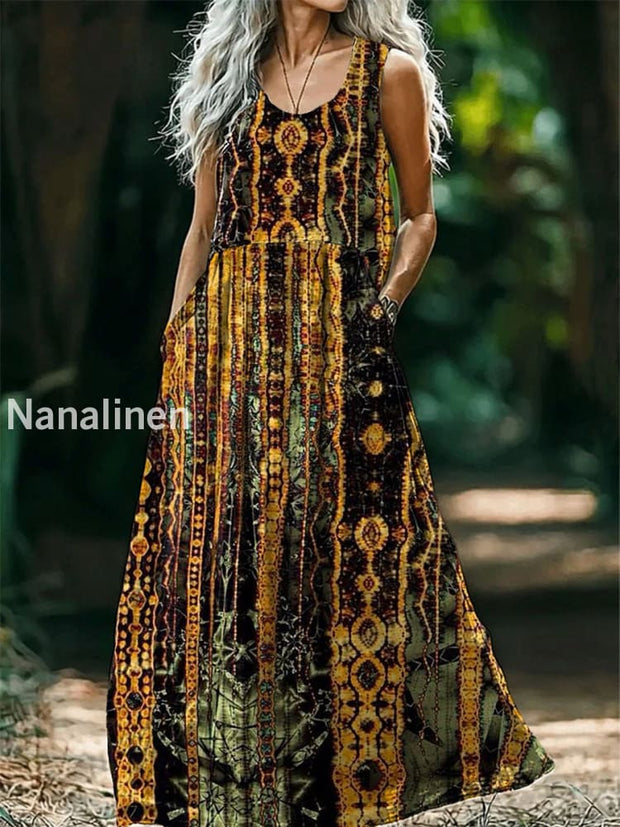 Vintage V-neck Bohemian Art Print Elegant Chic Loose Midi Dress A / S