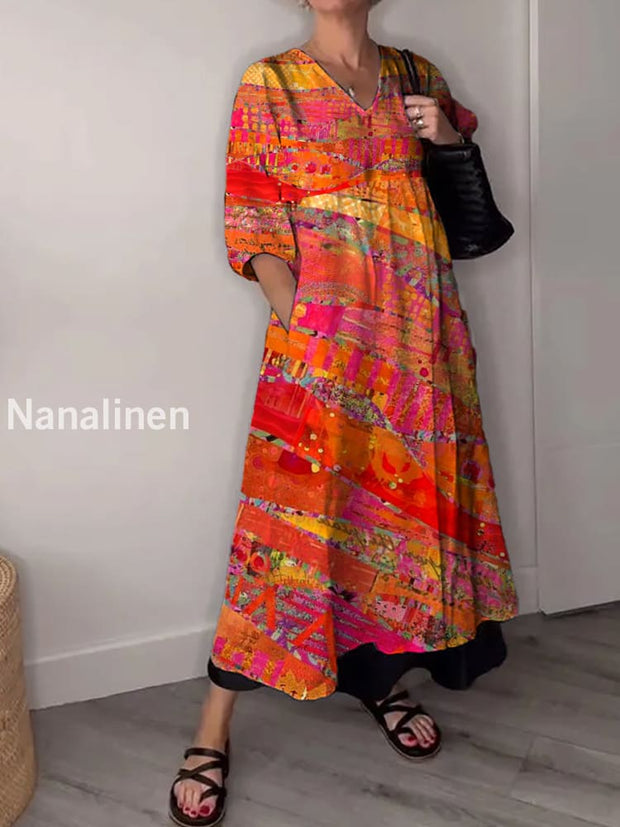 Vintage V-neck Bohemian Art Print Elegant Chic Loose Midi Dress A / S