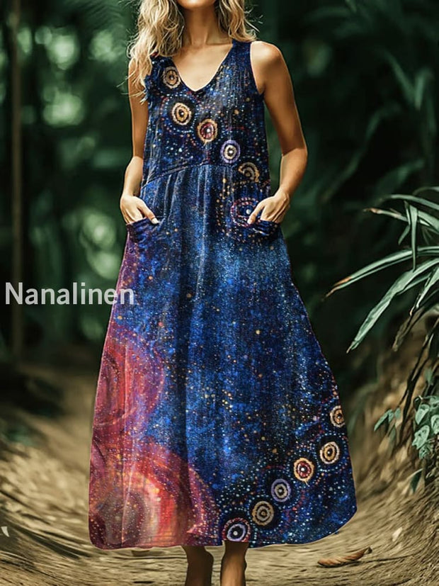 Vintage V-neck Bohemian Art Print Elegant Chic Loose Midi Dress A / S