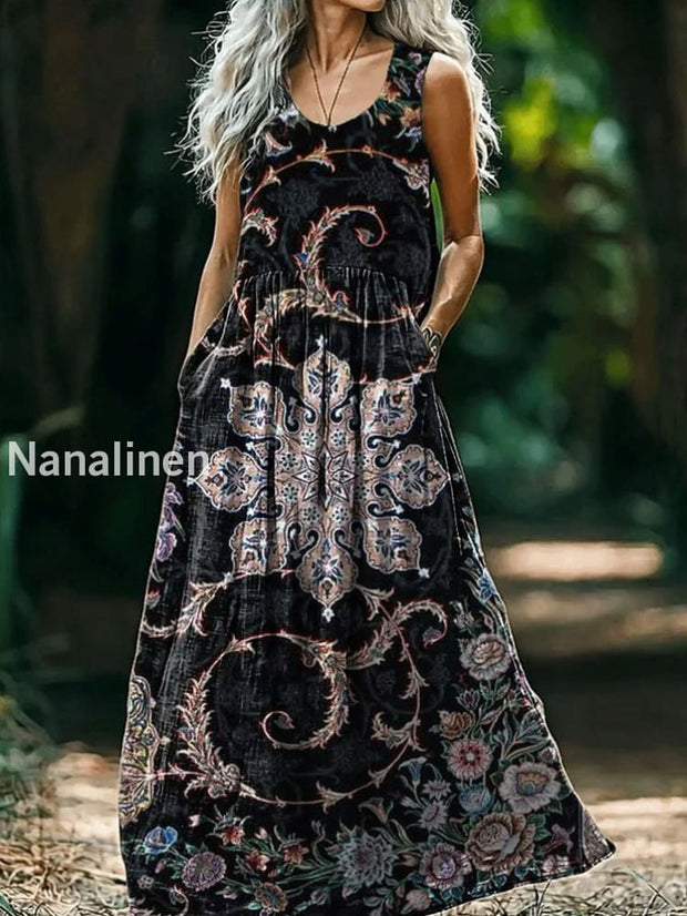 Vintage V-neck Bohemian Art Print Elegant Chic Loose Midi Dress A / S