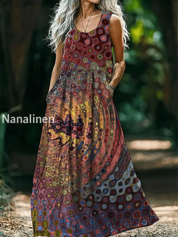 Vintage V-neck Bohemian Art Print Elegant Chic Loose Midi Dress A / S