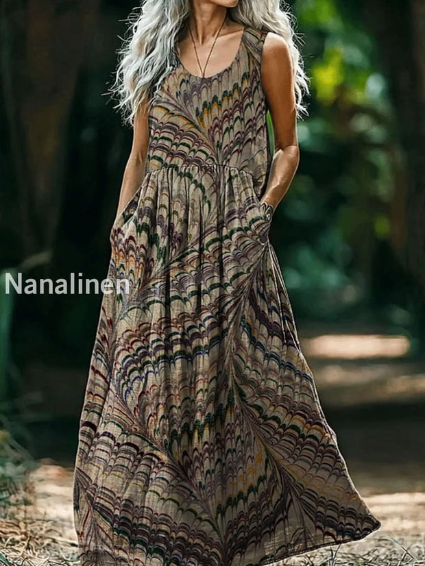 Vintage V-neck Bohemian Art Print Elegant Chic Loose Midi Dress A / S