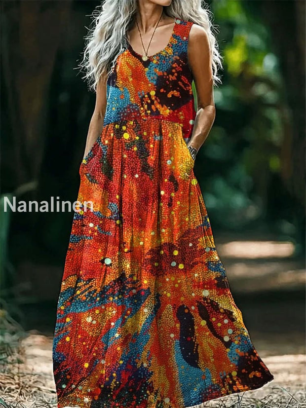 Vintage V-neck Bohemian Art Print Elegant Chic Loose Midi Dress A / S