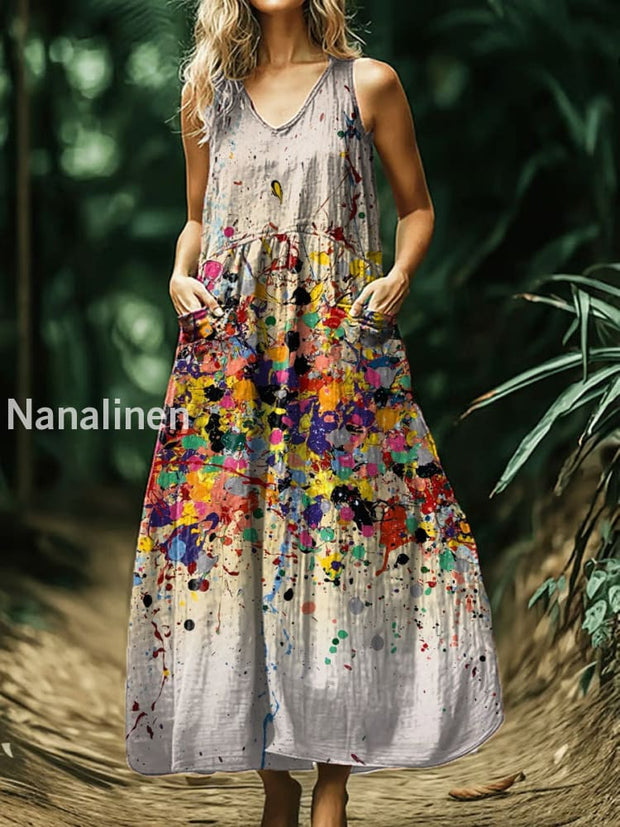 Vintage V-neck Bohemian Art Print Elegant Chic Loose Midi Dress A / S