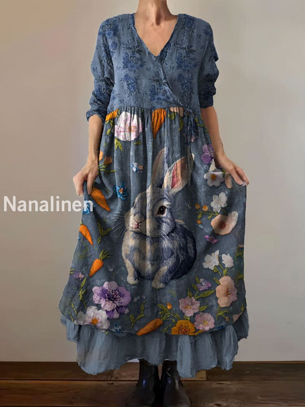 Vintage V-neck Bohemian Bunny Floral Print Elegant Chic Loose Midi Dress A / S