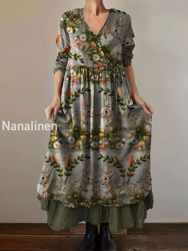 Vintage V-neck Bohemian Bunny Floral Print Elegant Chic Loose Midi Dress A / S