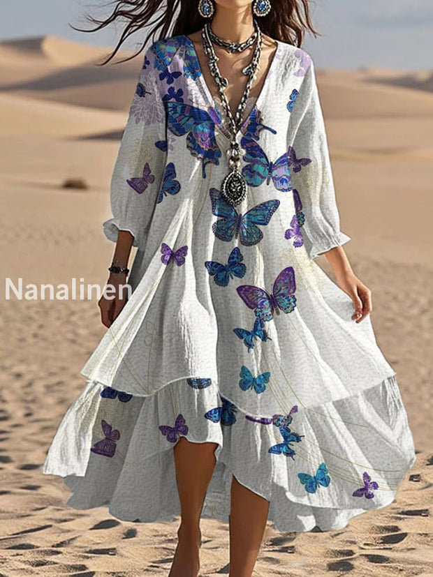 Vintage V-neck Bohemian Butterfly Print Elegant Chic Loose Midi Dress A / S