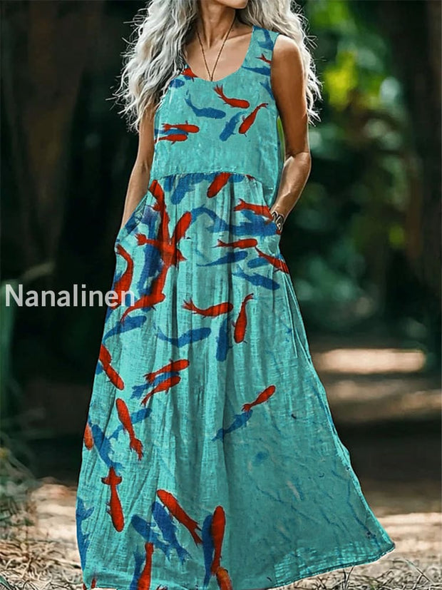 Vintage V-neck Bohemian Fish Print Elegant Chic Loose Midi Dress A / S