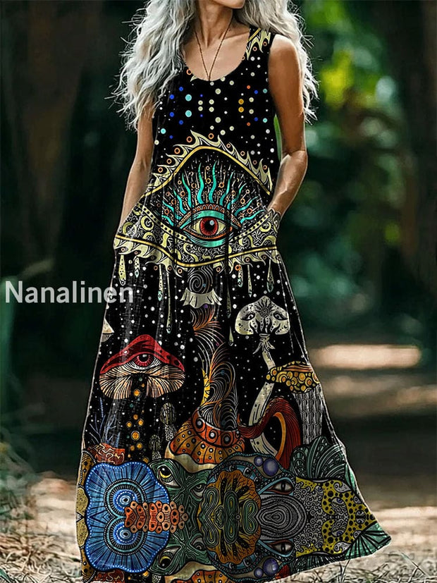 Vintage V-neck Bohemian Floral art Print Elegant Chic Loose Midi Dress A / S