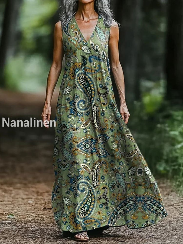 Vintage V-neck Bohemian Floral Print Elegant Chic Loose Midi Dress A / S