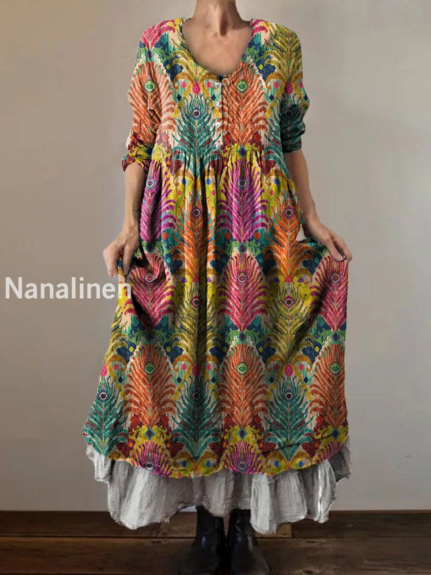 Vintage V-neck Bohemian Floral Print Elegant Chic Loose Midi Dress A / S