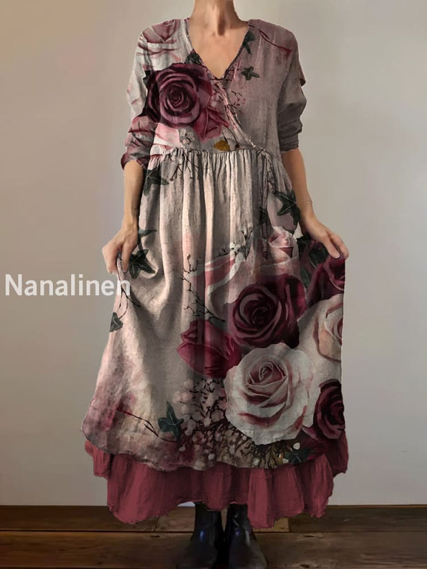 Vintage V-neck Bohemian Floral Print Elegant Chic Loose Midi Dress A / S