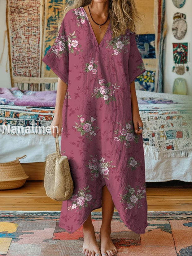 Vintage V-neck Bohemian Floral Print Elegant Chic Loose Midi Dress A / S