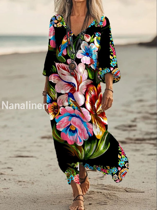 Vintage V-neck Bohemian Floral Print Elegant Chic Loose Midi Dress A / S