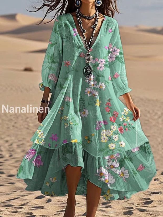 Vintage V-neck Bohemian Floral Print Elegant Chic Loose Midi Dress A / S