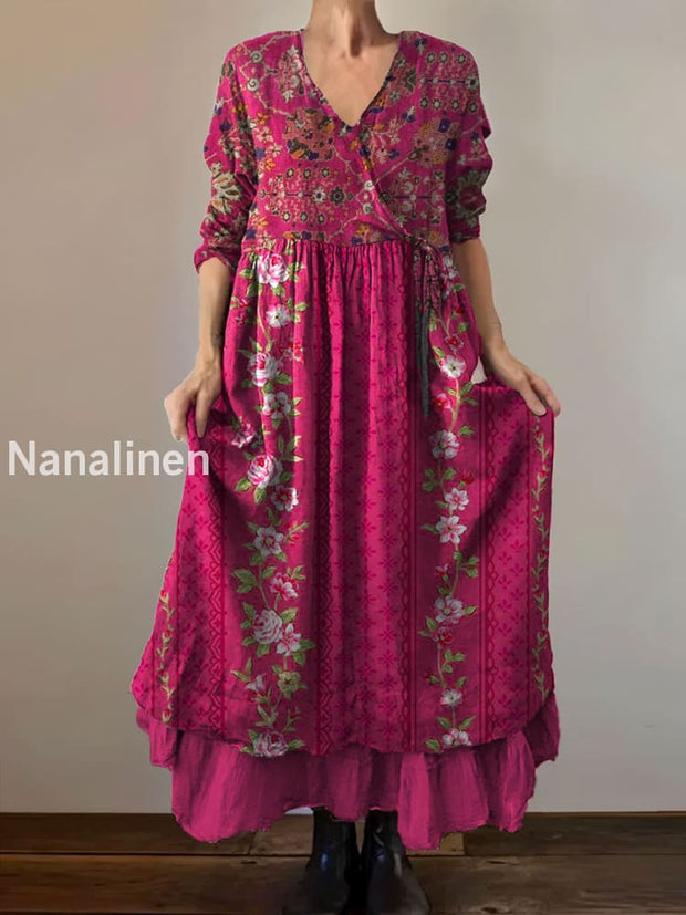 Vintage V-neck Bohemian Floral Print Elegant Chic Loose Midi Dress A / S