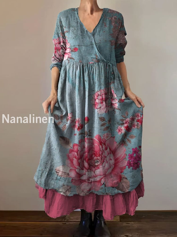 Vintage V-neck Bohemian Floral Print Elegant Chic Loose Midi Dress A / S