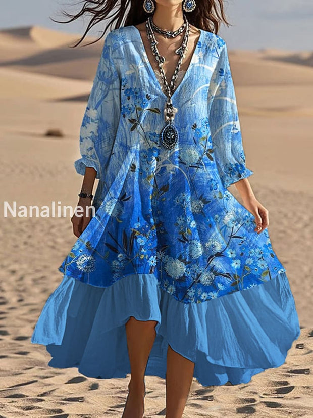 Vintage V-neck Bohemian Floral Print Elegant Chic Loose Midi Dress A / S