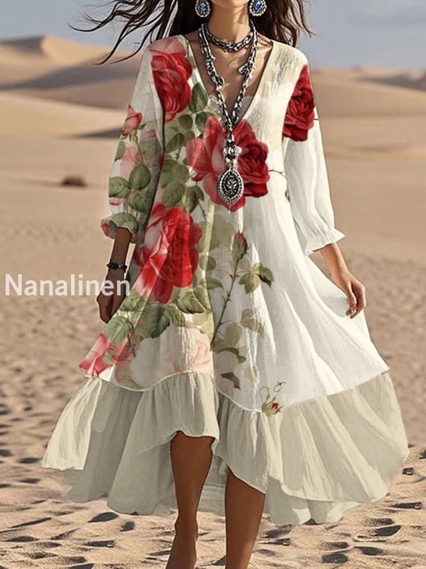 Vintage V-neck Bohemian Floral Print Elegant Chic Loose Midi Dress A / S