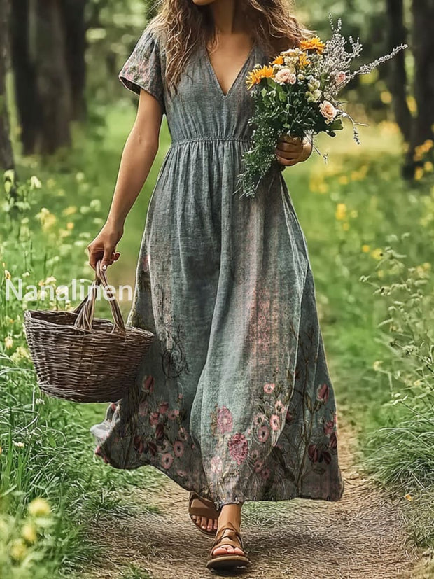 Vintage V-neck Bohemian Floral Print Elegant Chic Loose Midi Dress A / S