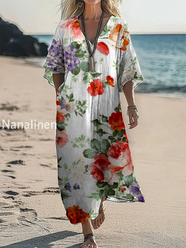 Vintage V-neck Bohemian Floral Print Elegant Chic Loose Midi Dress A / S