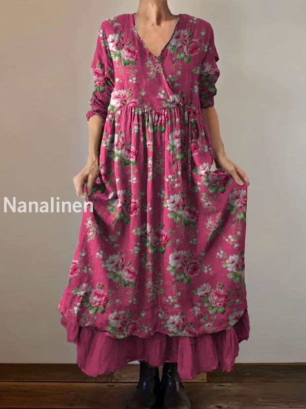 Vintage V-neck Bohemian Floral Print Elegant Chic Loose Midi Dress A / S