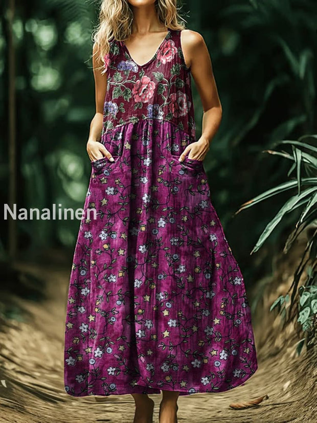 Vintage V-neck Bohemian Floral Print Elegant Chic Loose Midi Dress A / S