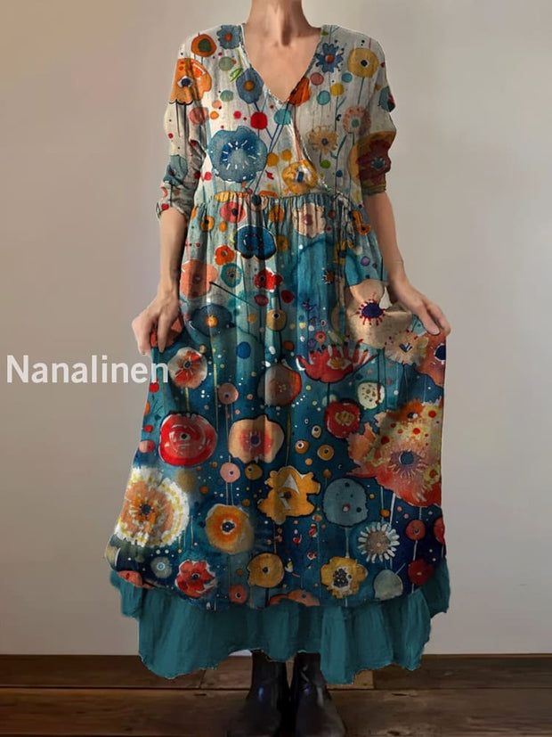 Vintage V-neck Bohemian Floral Print Elegant Chic Loose Midi Dress A / S